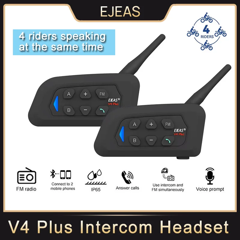 

EJEAS V4 Plus Мотоциклетный шлем Bluetooth-гарнитура Домофон Рация 4 гонщики Говоряки в том же время FM Полный дуплекс IP65