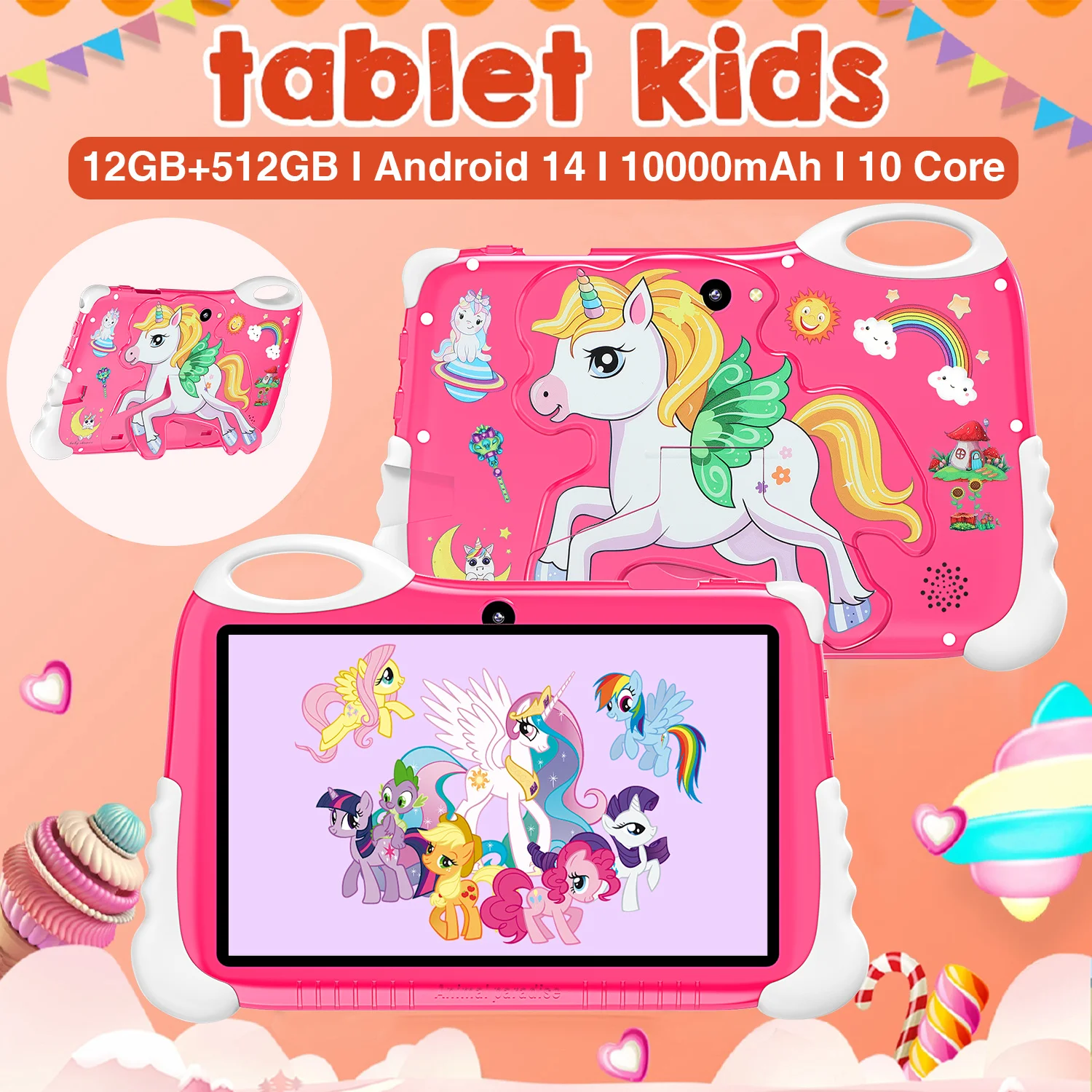 

2024 New Kids Learning Tablet 7-inch Bluetooth Shockproof Unicorn Case Kids Software Installation Puzzle Enlightenment Tablet PC