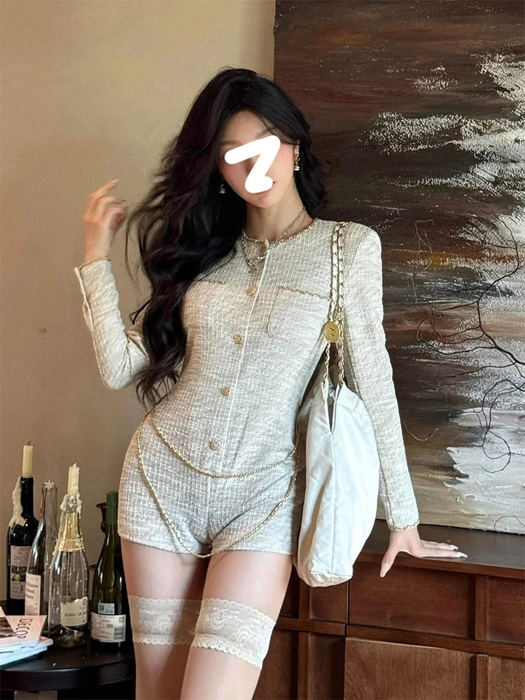 

Женский комбинезон Gardenia Slimming с длинными рукавами и круглым вырезом, с высокой талией, прямые штанины, для повседневной носки, летний, модный