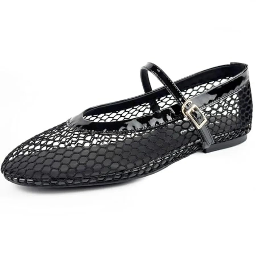 

Mesh Flats for Women Breathable Ballet Flats Mary Jane with Buckle Strap, Casual Office Fishnet Ballerina, Soft All-Day Comfy D