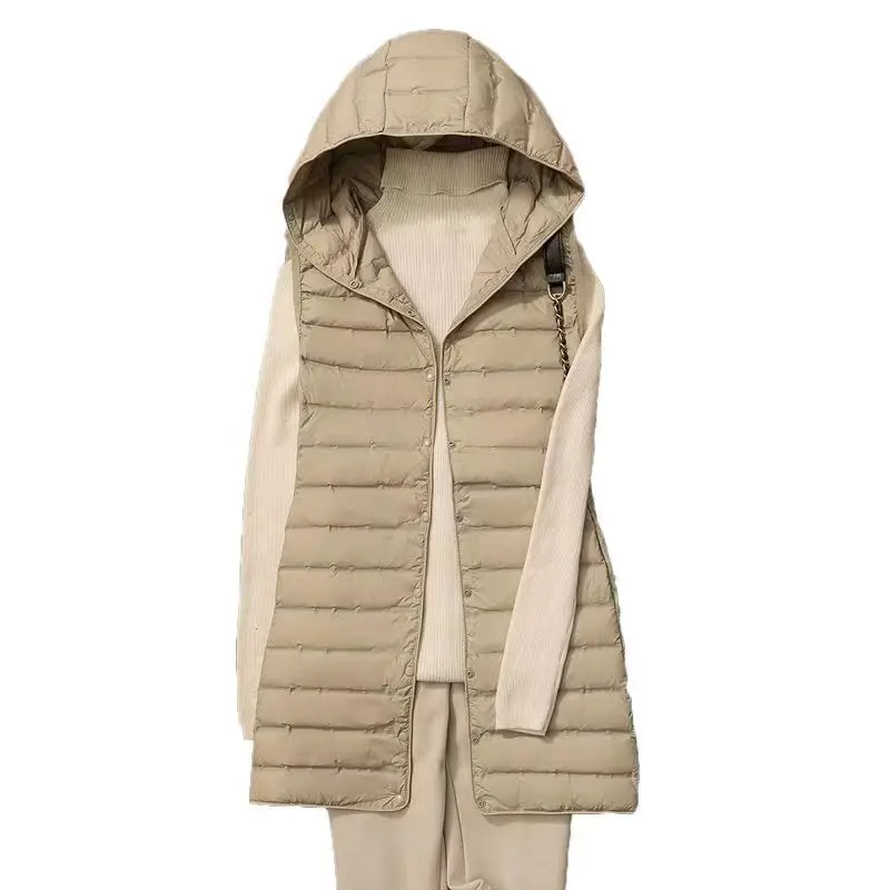 Chaleco de plumón de pato blanco para mujer, Chaqueta larga con capucha delgada, parka básica informal, ultraligera, 90%