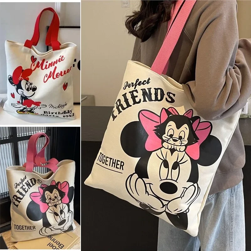 

Disney Minnie Mouse Tote Bag Large Capacity Women Books Storage Shoulder Bag Anime Cartoon Girls Shopping Cute Grocery Handbag