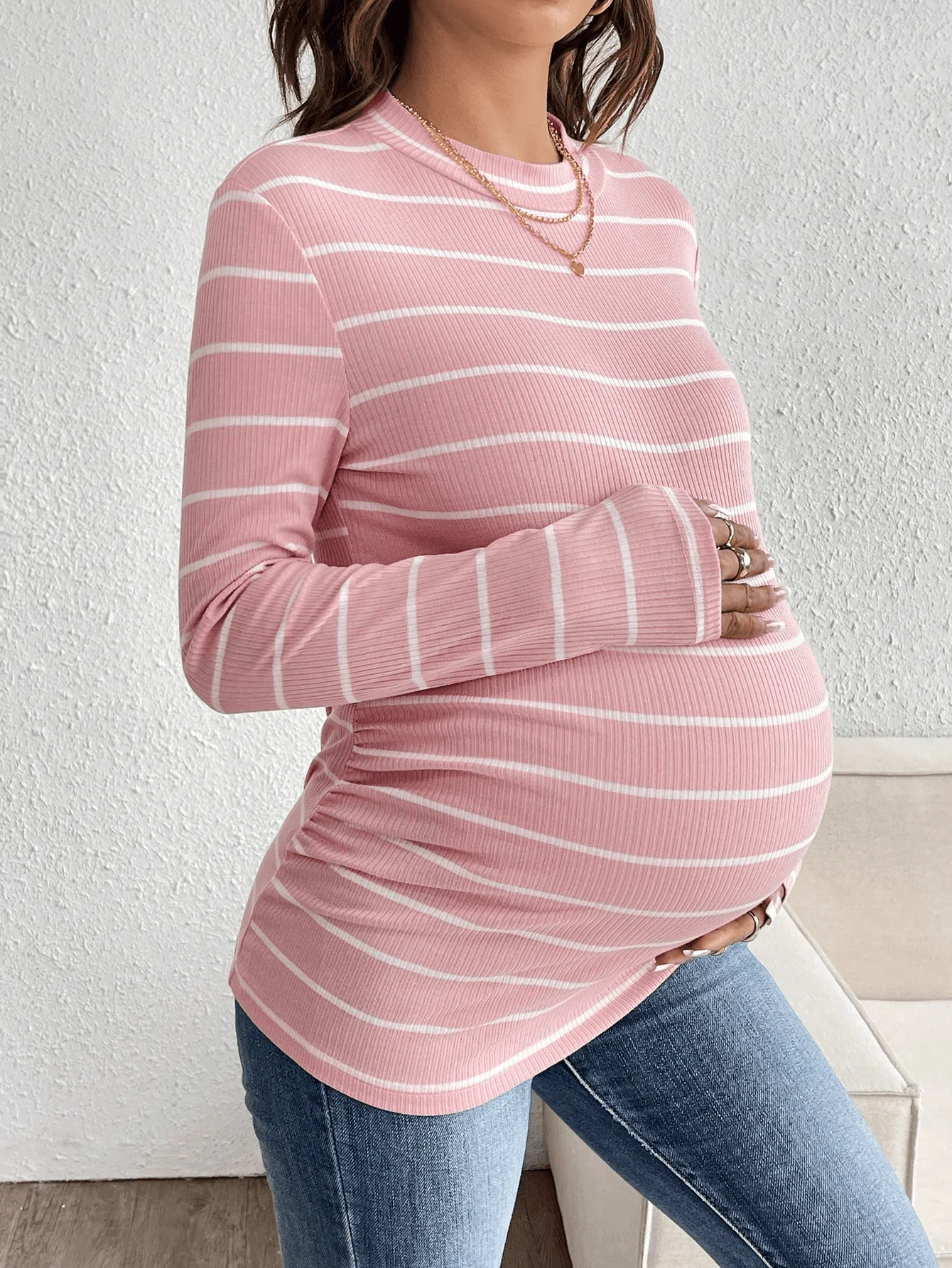 New pure cotton striped round-neck straight-shoulder long-sleeved maternity T-shirt