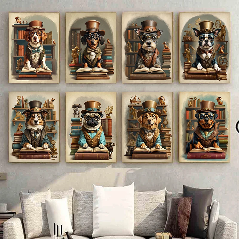 Vintage Canine Academy Smart Schnauzer Dachshund Dog School Canvas Poster Pet with Glasses Prints Painting Home Decoration