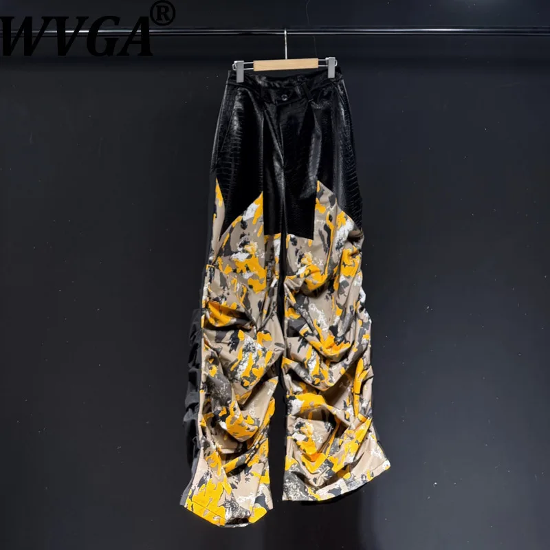 

WVGA весна осень новые мужские лоскутные нишевые шикарные повседневные широкие брюки в стиле панк с принтом прилива модная плиссированная уличная одежда Ins Y2K W15909