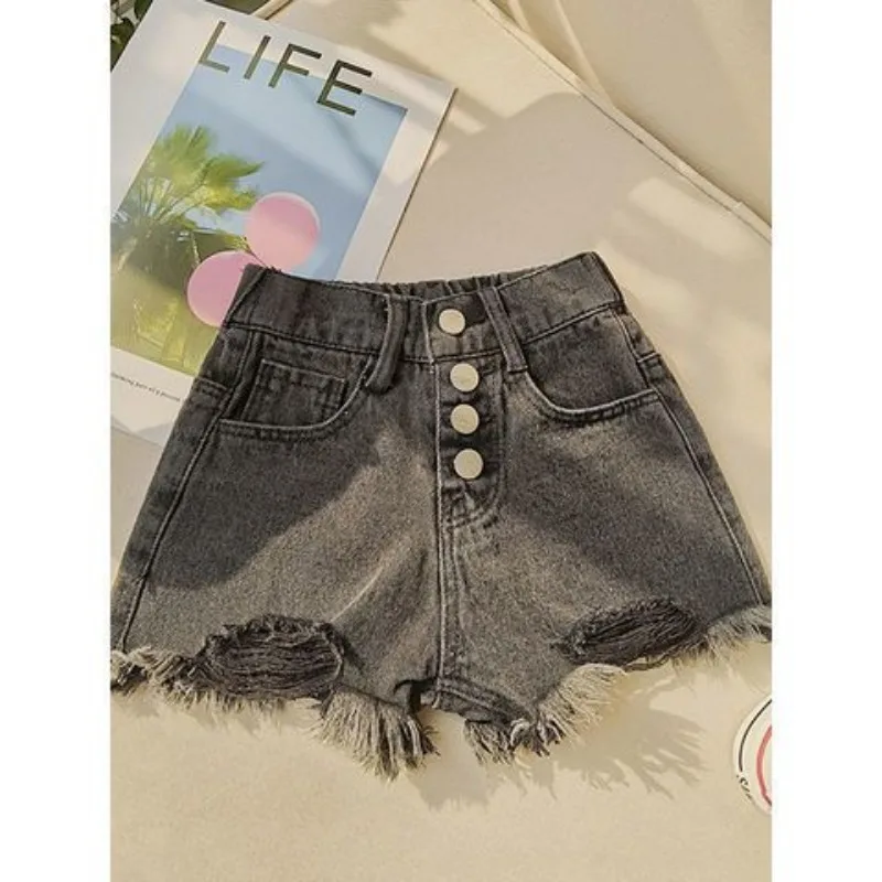 

Girls' Denim Shorts, Summer Outfit, New Style for Outerwear, Trendy Children's Ripped Pants Black and Stylish