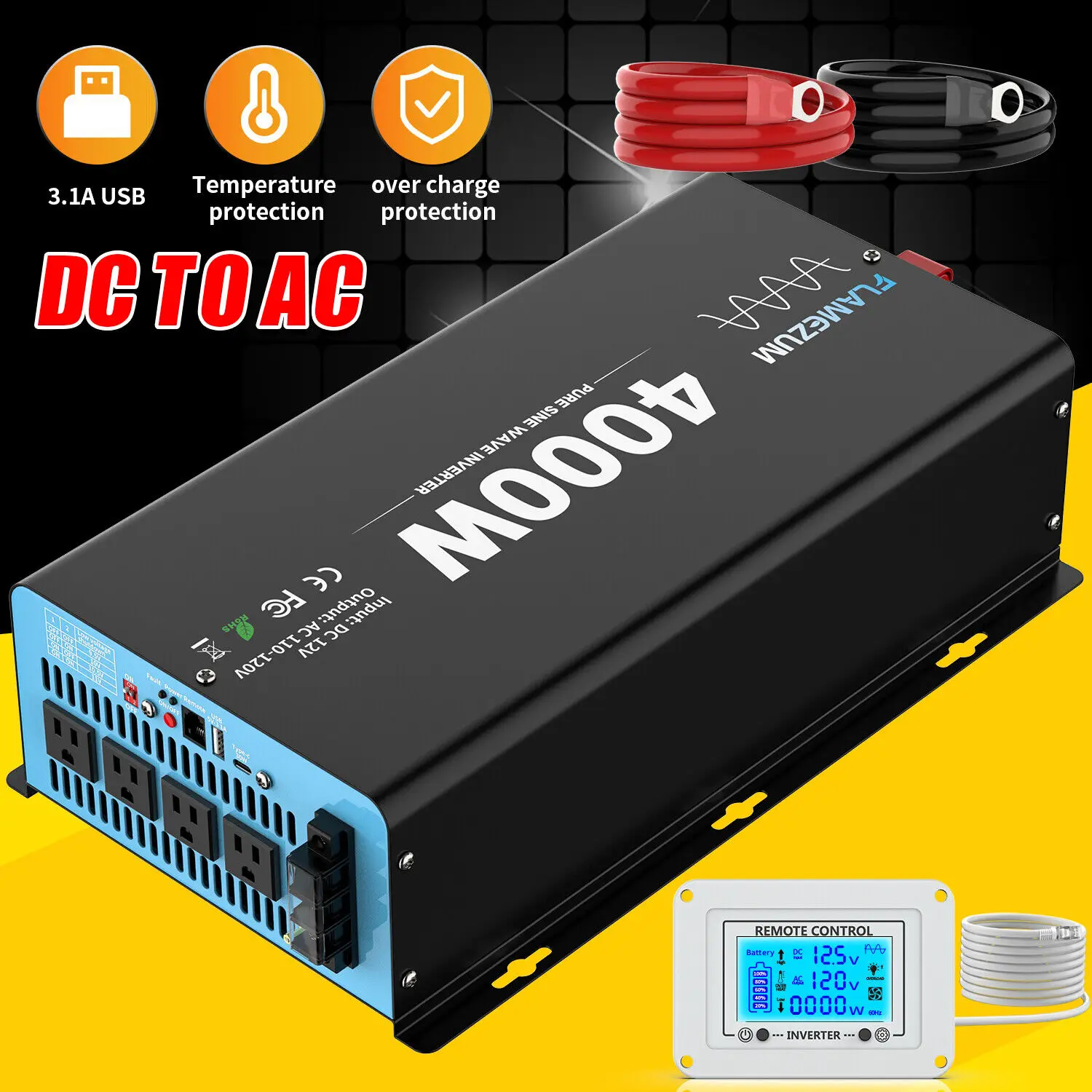 

4000W Pure Sine Wave Inverter 12V To 110V Remote Control Auto Accessories Power Converter For Home Camping And RV with USB US