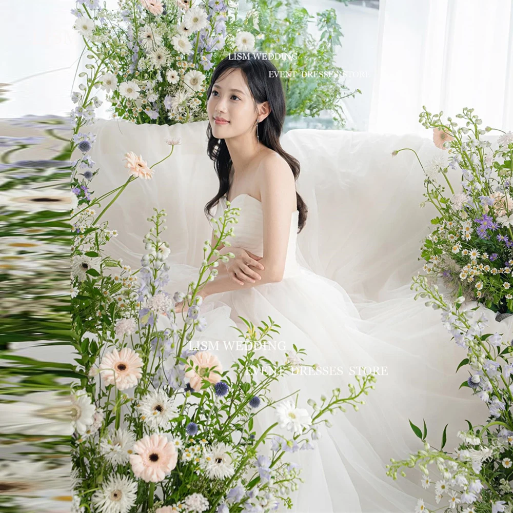 

LISM Simple A Line Tulle Wedding Dresses Korea Photoshoot Sweep Train Princess Bridal Gowns Corset Back Bride Dresses