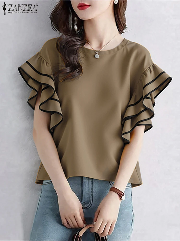 بلوزة نسائية أنيقة من ZANZEA لعام 2025 قمصان مكشكشة بأكمام قصيرة ورقبة دائرية ملابس علوية صيفية فضفاضة غير رسمية بلوزات مكتب تونك #2
