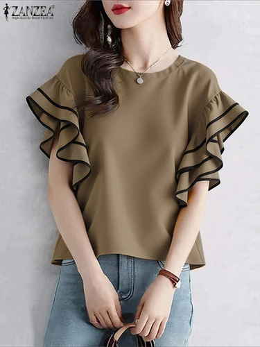 Imagen 2 del producto 2025 ZANZEA blusa elegante para mujer, camisas con volantes de manga corta a la moda, cuello redondo, Tops coreanos holgados informales de verano, Túnica, Blusas de oficina
