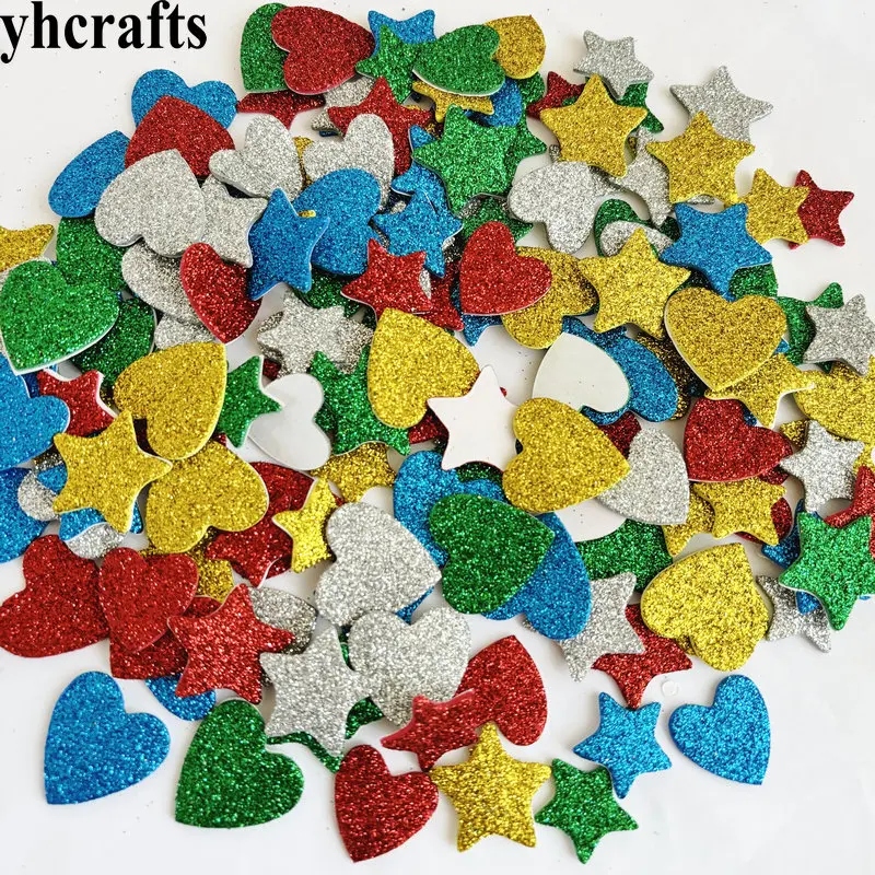 Glitter Star e Hearts Foam Adesivos, Decoração de Natal, Xmas Party Favors, Jardim de Infância Artesanato, Artesanato, 150pcs por lote