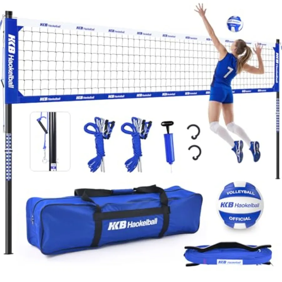 

Outdoor Portable Heavy Duty Volleyball Net Set for Backyard with Adjustable Height Poles Anti-Sag System Black Volleyball Pump