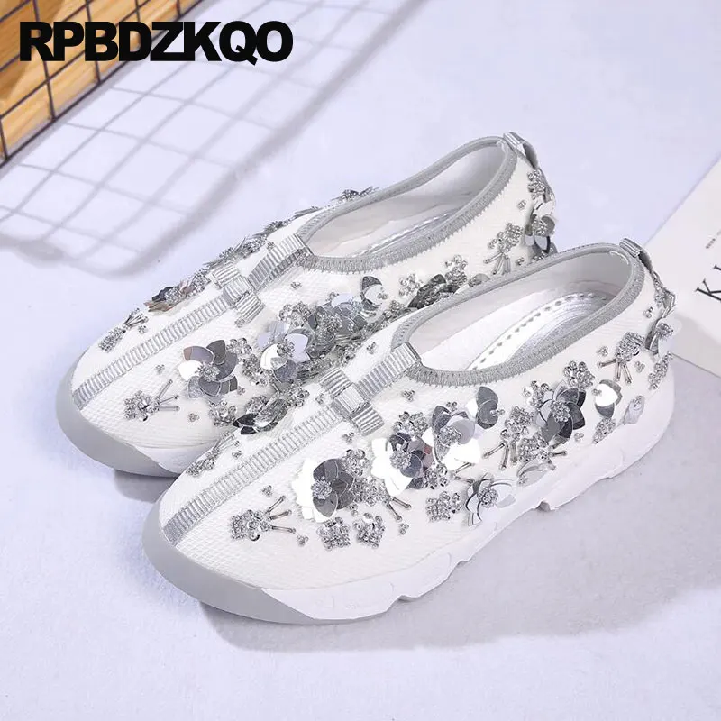 Women Diamond High Quality Bee Embroidered Sequin Floral Sneakers Ladies Beautiful Flats Shoes Pearl Embroidery Black Trainers