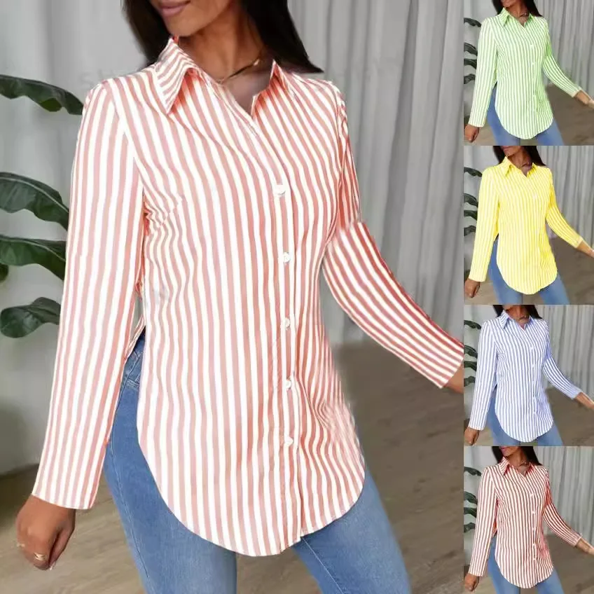 Moda Koszula w paski z długim rękawem Kobiety 2024 Jesień Casual Basic Top Femme Rozcięcia po bokach Damskie topy i bluzki Koszule