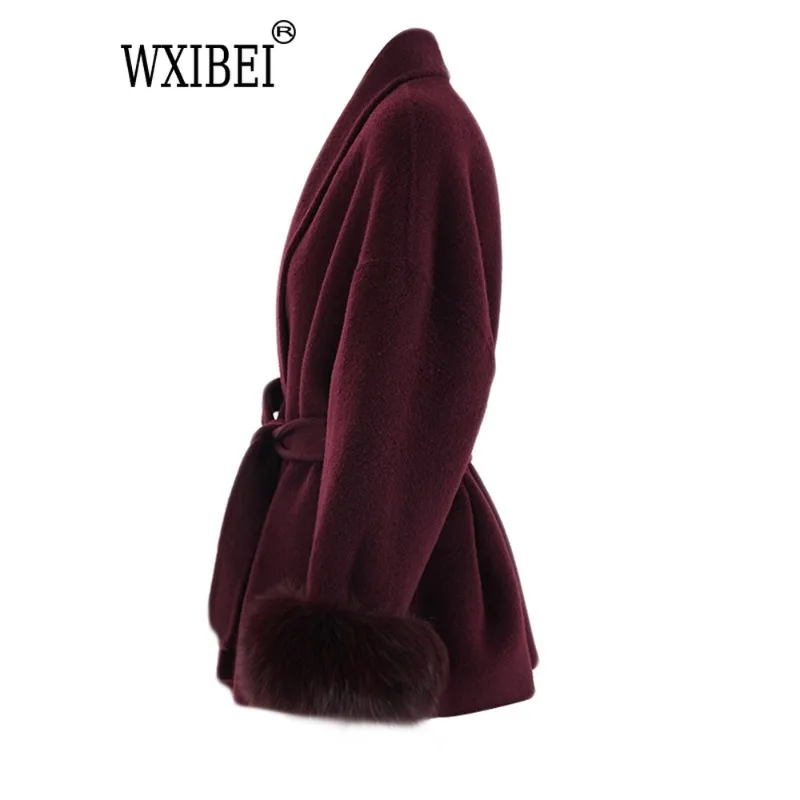 WXIBEI Wine Red Fur Cuff Big Size Belted Woolen Coat New Lapel Long Sleeve Women Jacket Fashion Tide Autumn Winter 2024