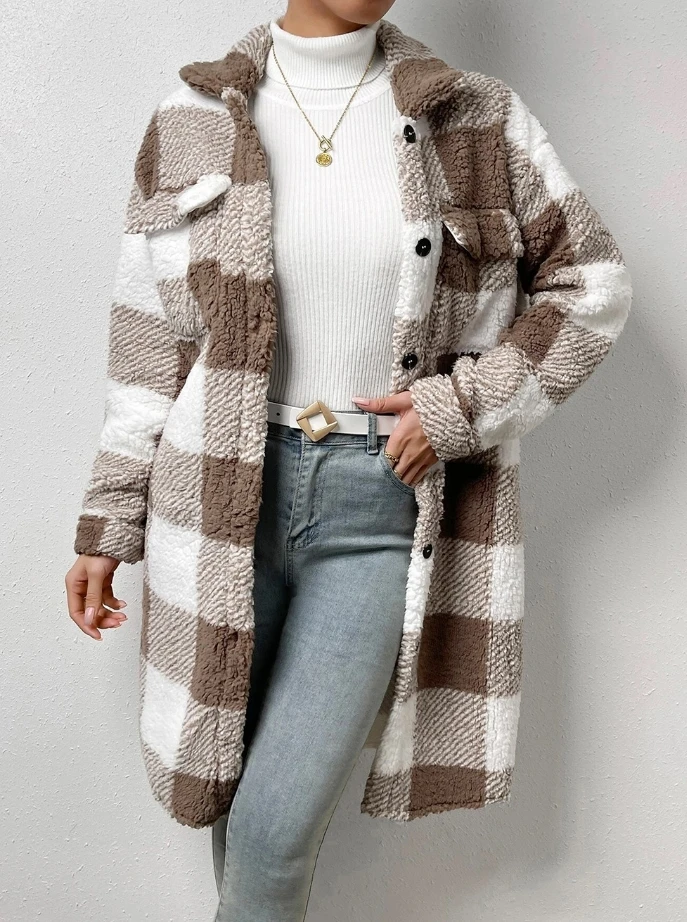 Cardigan 2023 Autumn Long Sleeved Open Buckle Collar Plush Plaid Coat Loose Temperament Commuter Longline Jacket Women Outerwear