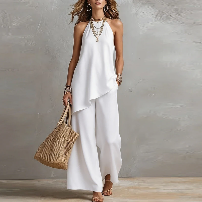 Hot Sale Sleeveless Irregular Vest High Waist Wide Leg Pants Suit Women Summer Casual Two Piece Set Solid Color Holiday Outfits