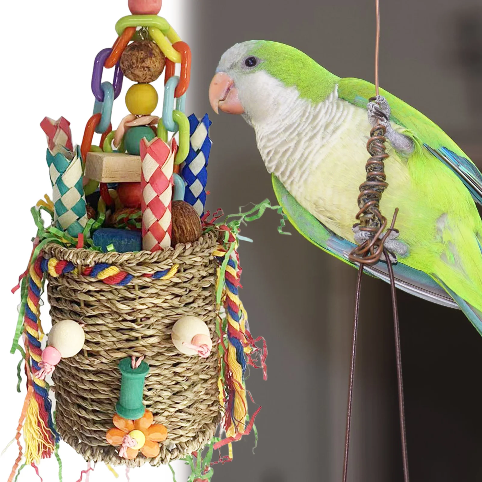Cesta de mimbre grande para loros, juguete de Halloween con bloques de papel triturado de colores para estimulación mental y salud del pico