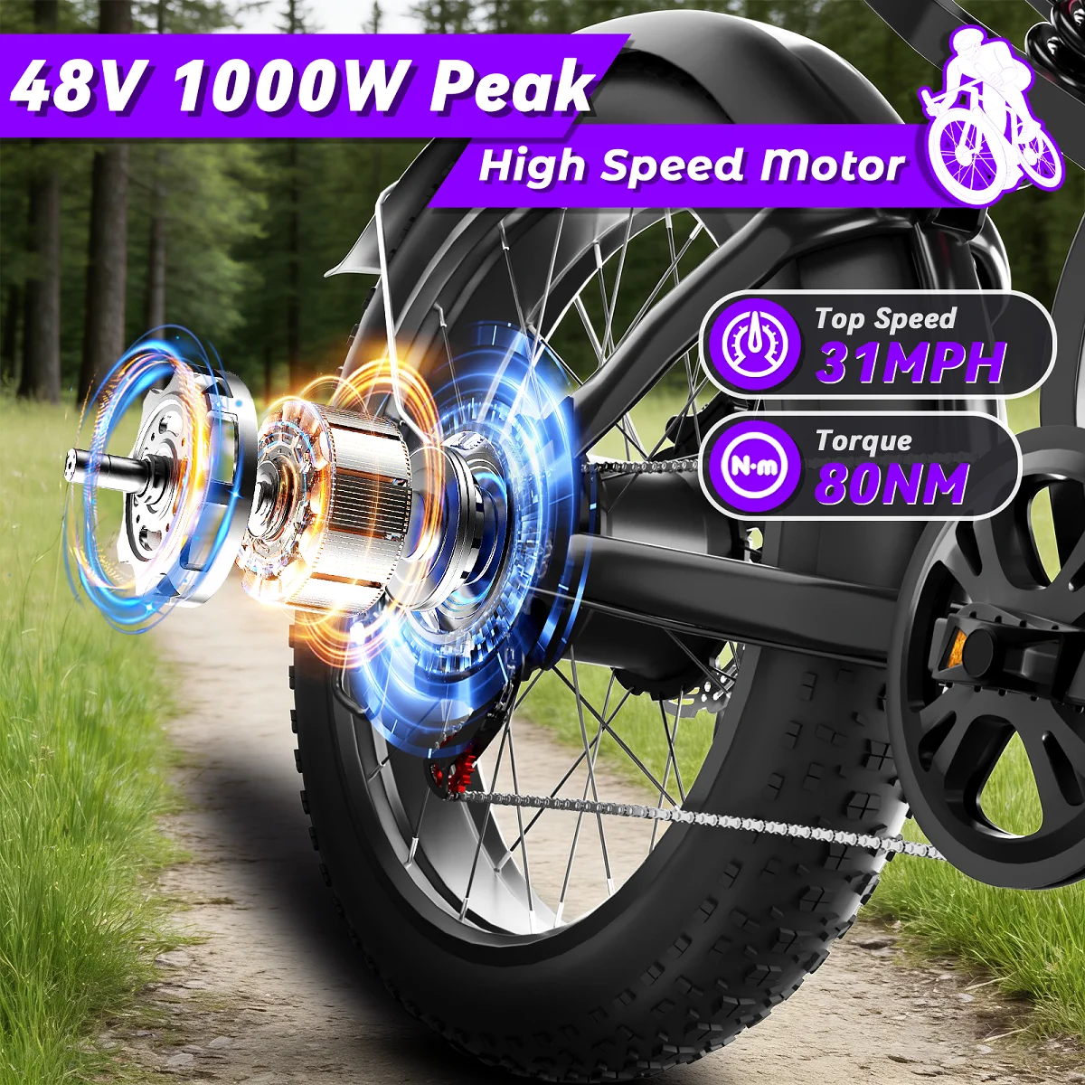 Electric Bike for Adult 1000w 20 Inch Fat Tire E Bike Electric Bikes 16ah Large Electric Bicycle 48v
