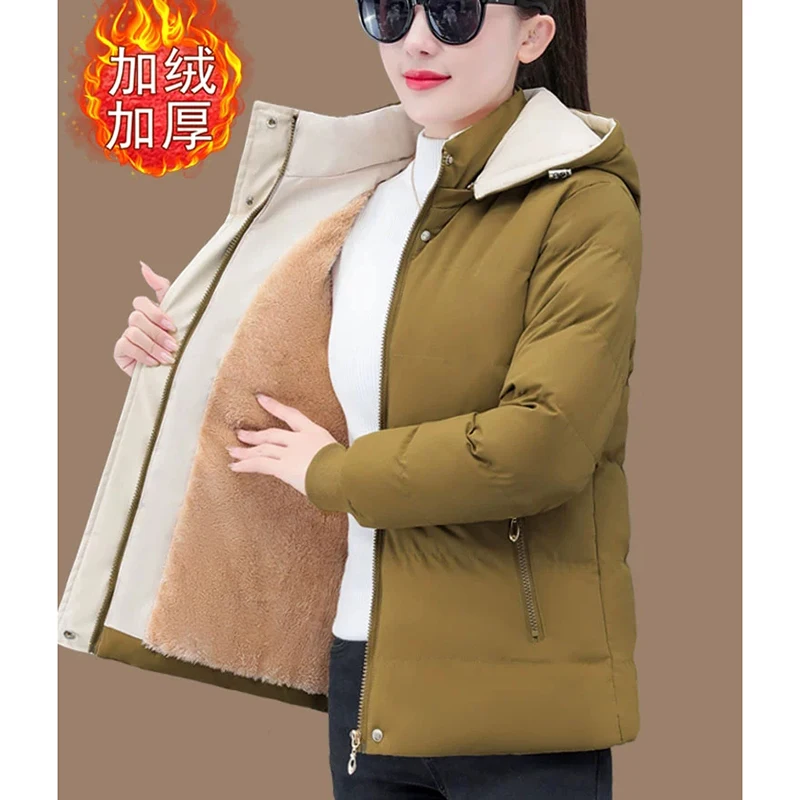Abrigos cálidos de invierno para mujer, chaqueta acolchada corta con capucha y forro polar, Parkas gruesas y cálidas, ropa de gran tamaño, prendas de vestir holgadas para nieve para mujer