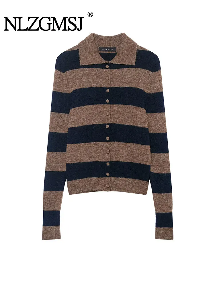 

NLZGMSJ Осенний однотонный базовый женский полосатый кардиган, вязаный однобортный свитер с длинными рукавами, пальто, укороченный топ