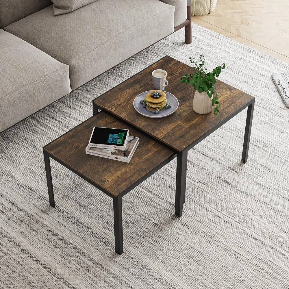 Nesting Coffee Table Set of 2, Square Modern Stacking Table with Wood Finish, Industrial End Table Side Tables for Living Room