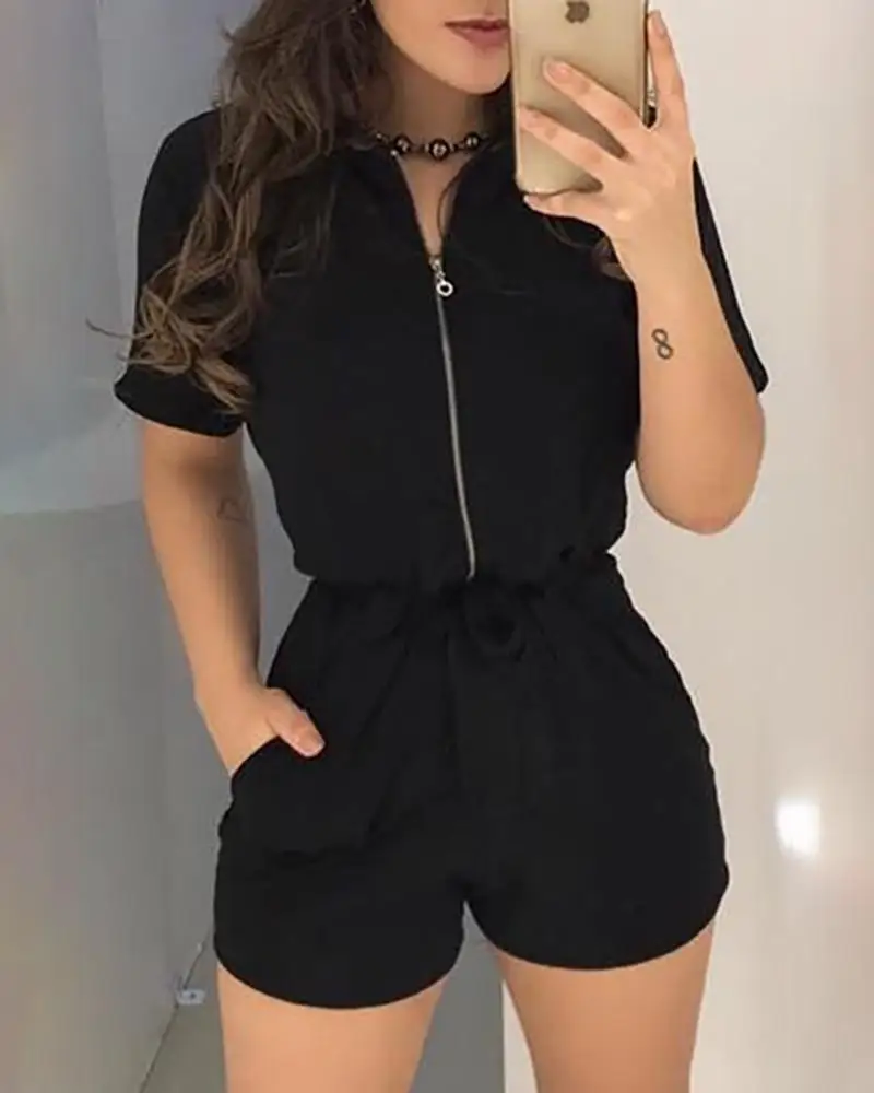 Women's Casual Monochromatic Zipper Short Sleeve Jumpsuit V-Neck Flip Black Summer 2023