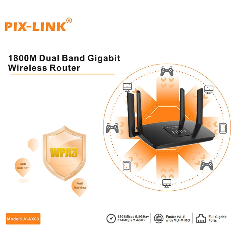 New Generation WiFi 6 Router PIX-LINK 1800Mbps Dual Band Gigabit Ports MU-MIMO Beamforming WPA3 Security AX03 For Home Office
