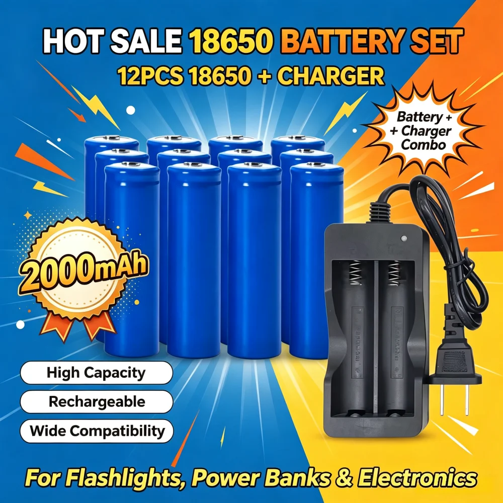 1-40PCS 3.7V 18650 Lithium Battery  2000mAh High-Capacity Toy New & Compatible+Charger