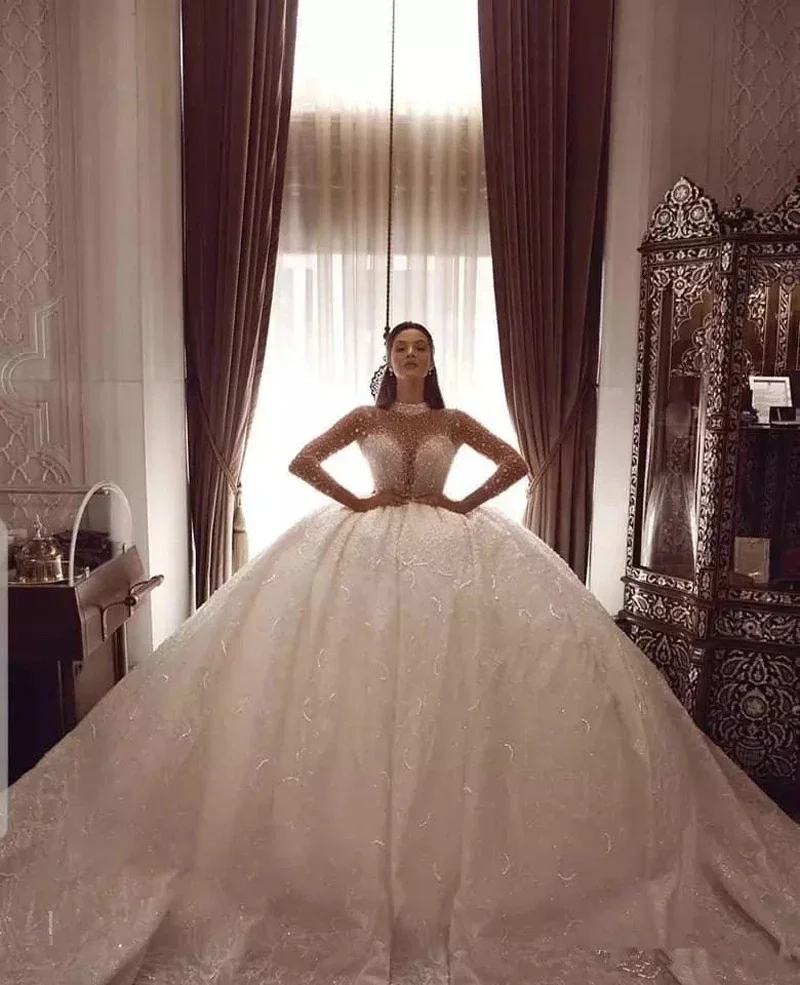 

On Zhu Customized Wedding Dresses Bride Beaded long Sleeve Main Dresses Bridal Ball Gown large train backless for Women Vestidos
