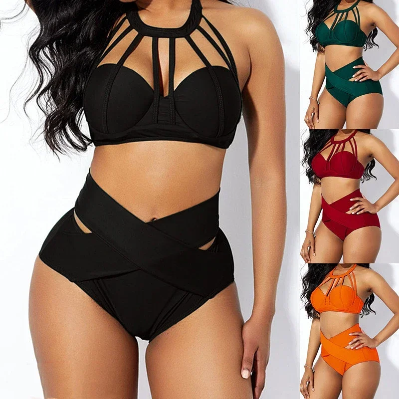 

2023 High Waist Sexy Solid Color Women's Bikini Split Swimsuit Push Up Swimwear Beachwear Plus Size S-5XL Bathing Suit