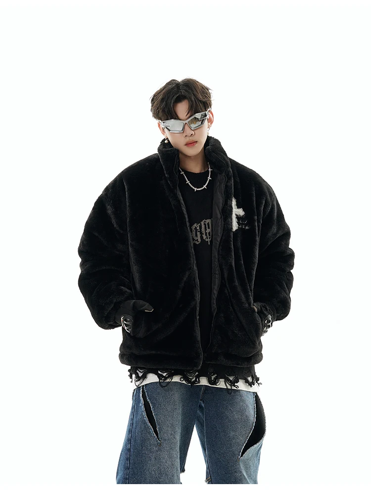 Imitation Rabbit Fur Parka Men Women Hip-hop Letters Embroidery Crucifix Fleece Jacket Winter Harajuku Casual Unisex Outerwear