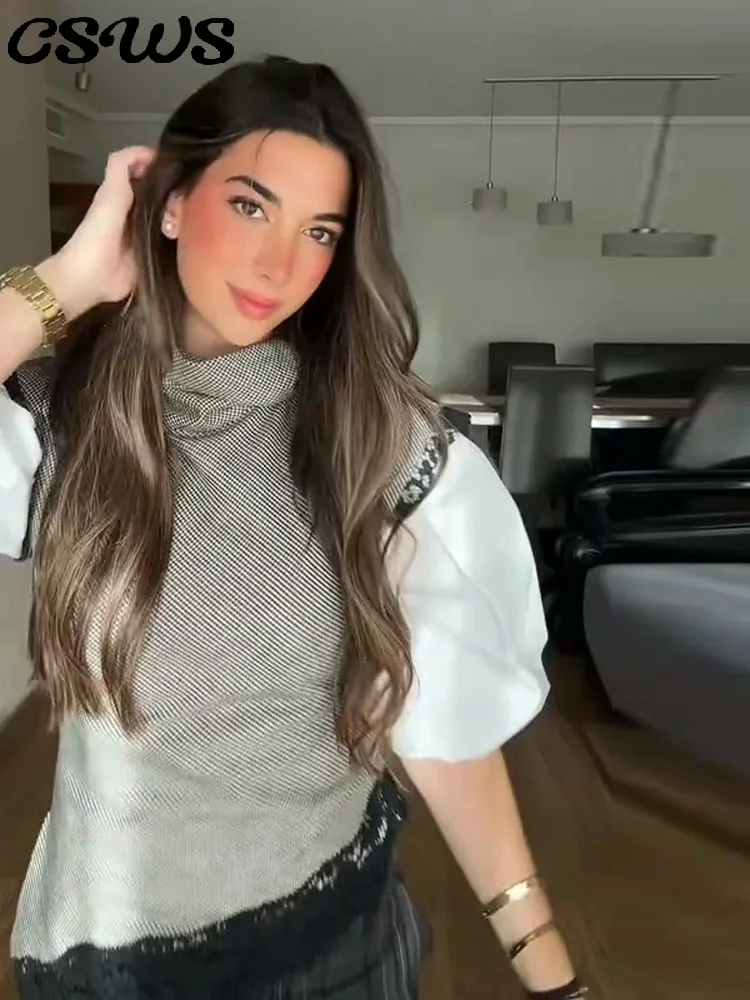 

Модная клетчатая кружевная рубашка, женская тонкая лоскутная рубашка с коротким рукавом и атласным воротником, женские 2026, модные весенне-летние топы для женщин