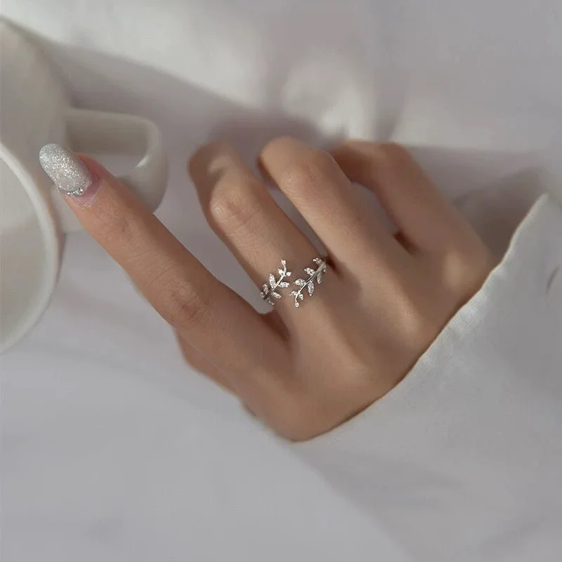 925 فضة قابل للتعديل فرع الزيتون خواتم للنساء رومانسية الزركون خواتم مفتوحة الكورية نمط هدايا مجوهرات الأزياء الطرف