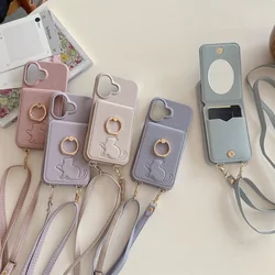 Luxury Crossbody Leather Card Pocket Wallet Case For iPhone 17 12 13 14 15 16 Pro Max Plus Makeup Mirror Cover With Ring Holder