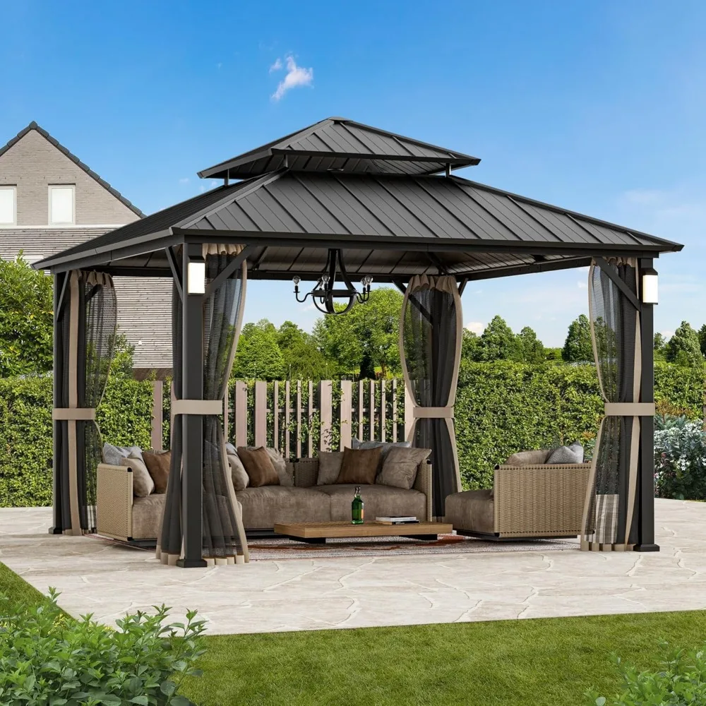 

Modern Shade The Horizon Permanent Hardtop Gazebo 12' x 12' wiith 4 LED Lights, Outdoor Grill Gazebo with Galvanized Steel Doubl