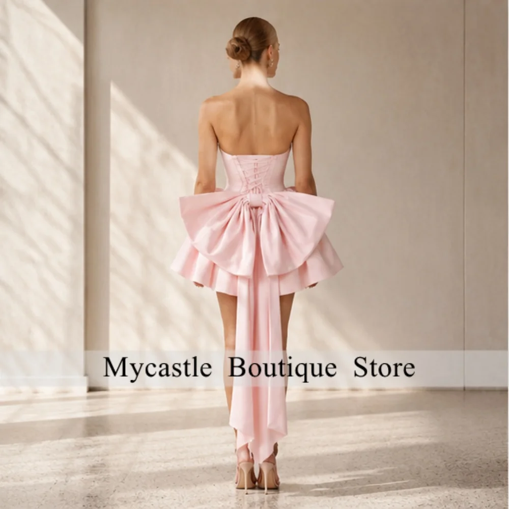 

Light Pink Strapless Draped Customized Satin A Line Mini Cocktail Party Dresses 2026 with Bow Train Formal Homecoming Gowns