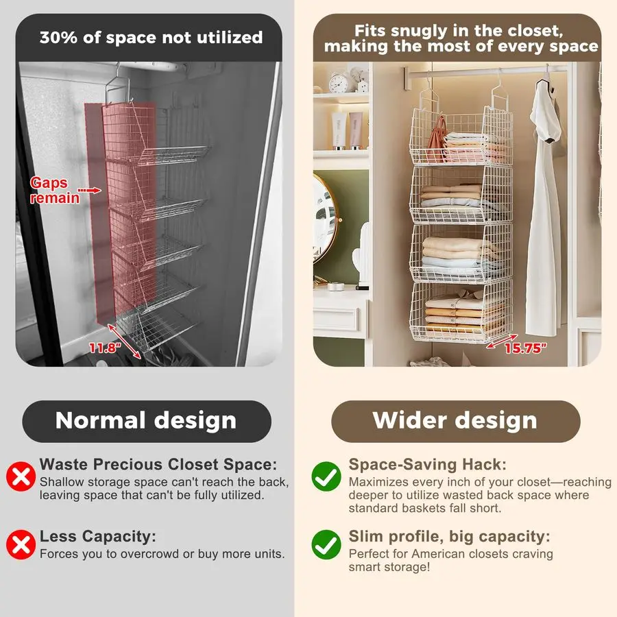 Extra Deeper Foldable Hanging Closet Organizer, Small Wire Cabinet Shelves and Storage with 5 S Hooks,4 Tier Metal Basket Bins f