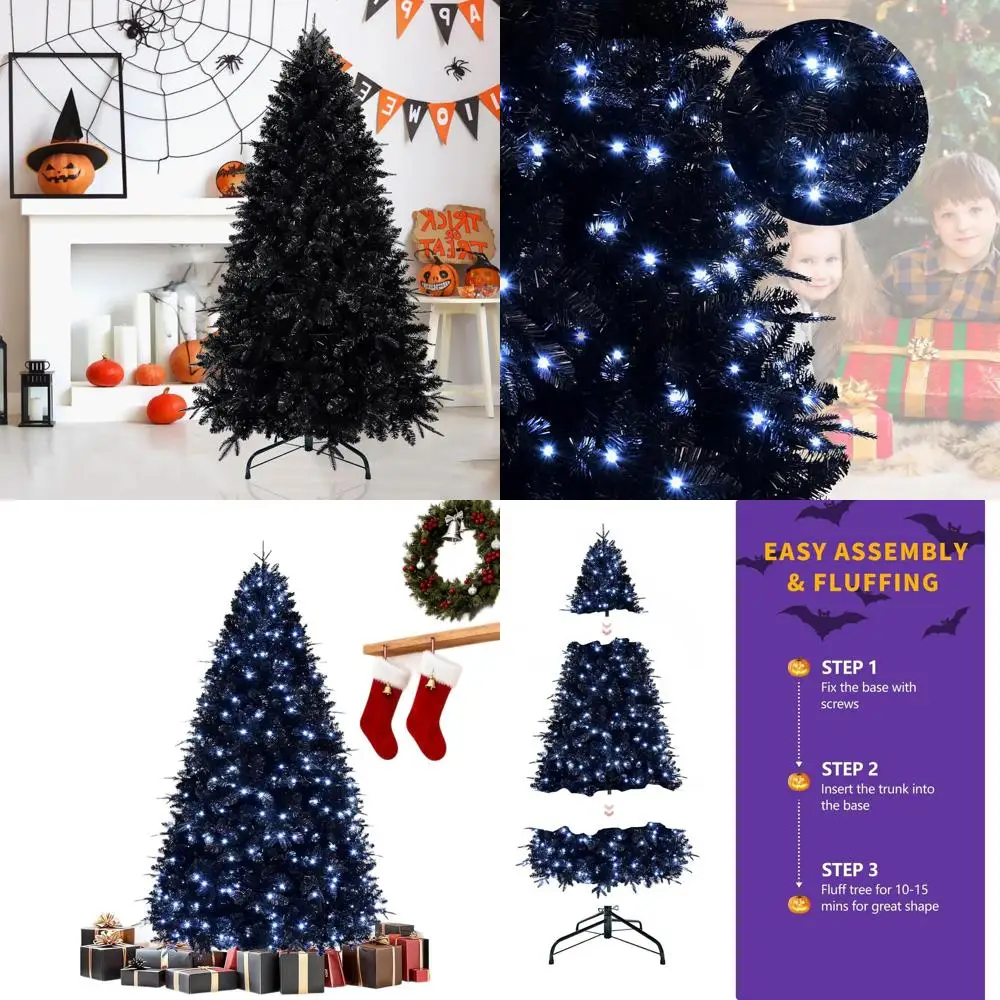 

6-Foot Pre-Lit Black Christmas Tree with 350 Lights, Artificial Tree with 1460 PE/PVC Tips, Ideal for Halloween & Xmas Decor, Me
