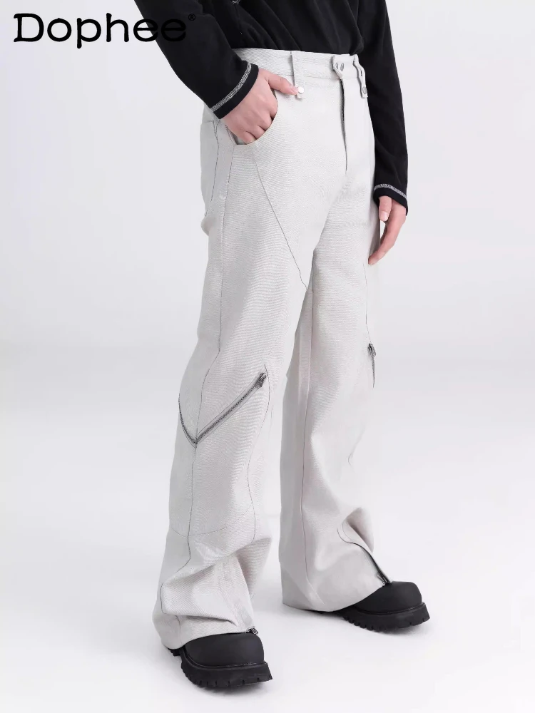 

Male 2026 Spring Multi-zipper Decoration Flared Pants Solid Color Cotton Wide-leg Trousers Fashion Comfort Loose Handsome Pants