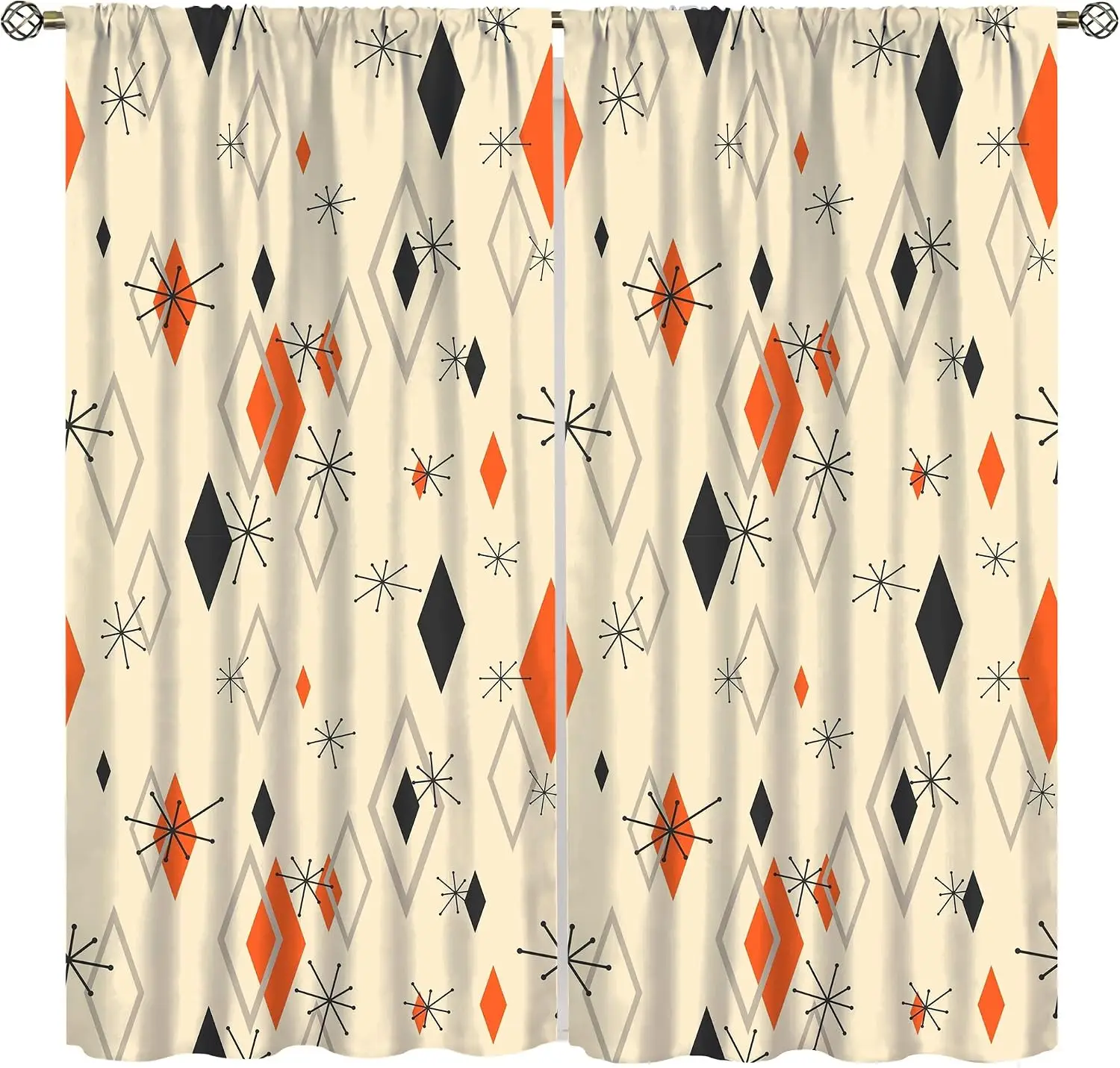 Retro Atomic Starburst Rhombus Window Curtains 2 Panels Orange Black Geometric Diamond Light Blocking Drapes Mid Century Balcony