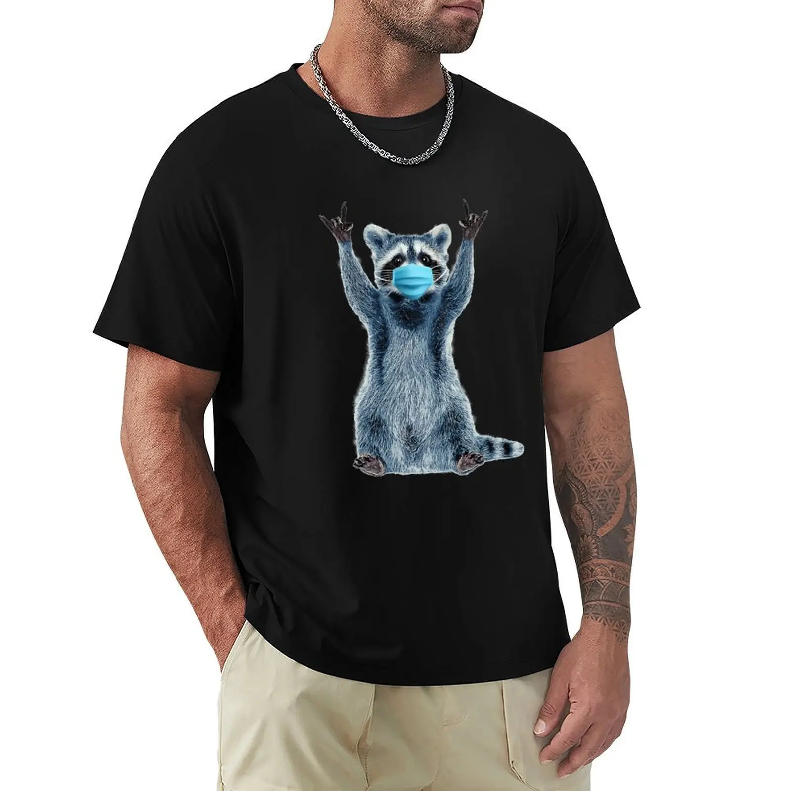 

Funny Raccoon Printed Short Sleeve T-Shirt- Medical blue face mask, Raccoon Shirt Trash Panda T-Shirt T-Shirt