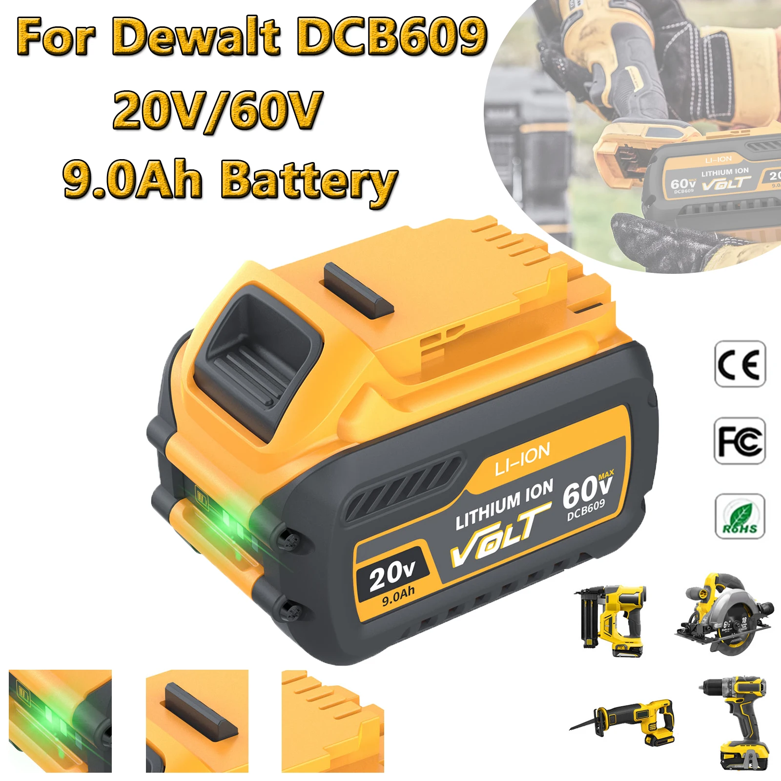 9000Mah 60V Max Replacement Li-Ion Battery for Dewalt Dcb606 Dcb609 Dcb205 Dcb204 Dcb206 Dcb209 Power Tool Battery