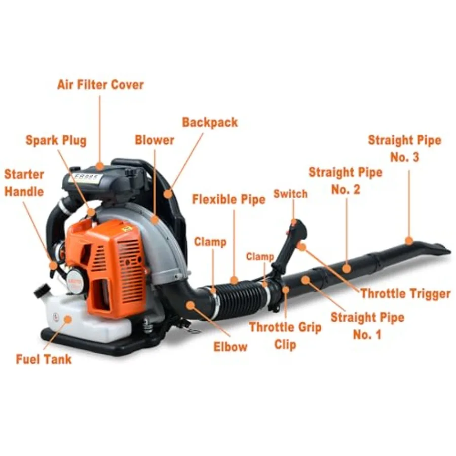 Ventilador de folhas movido a gás com mochila 65CC com 884 CFM e 3,8 HP para limpeza externa de quintal e remoção de neve com 2 ciclos