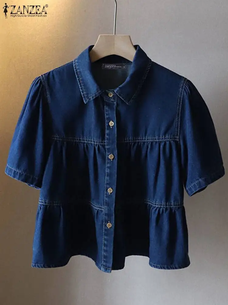 

Korean Fashion Women Solf Denim Shirt ZANZEA Summer Casual Solid Ruffles Tops Holiday Party Blusa Lapel Neck Short Sleeve Blouse