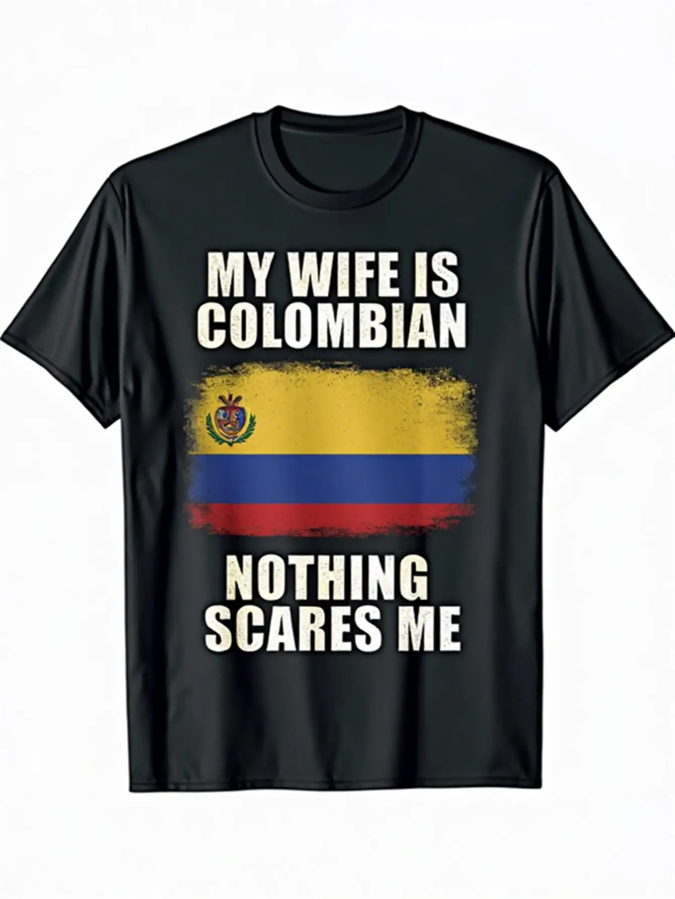 

T-Shirt My Wife Is Colombian Nothing Intimidates Me Lightweight Breathable Cotton T-Shirt Black T-Shirt with Yellow, Blue, and Red Stripes Casual Everyday Wear