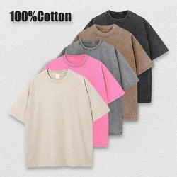 Hip Pop Oversized Short-Sleeved Tshirt Acid Washed Pure Cotton Solid Shirt Retro Harajuku For Men And Women Loose Tees Unisex