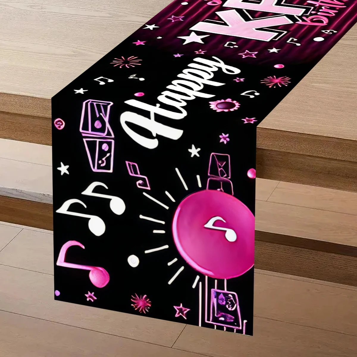1pc Kpop Table Runner Black Pink KPOP Happy Birthday Pattern Polyester Table Cover for Kpop Music Theme Table Decorations