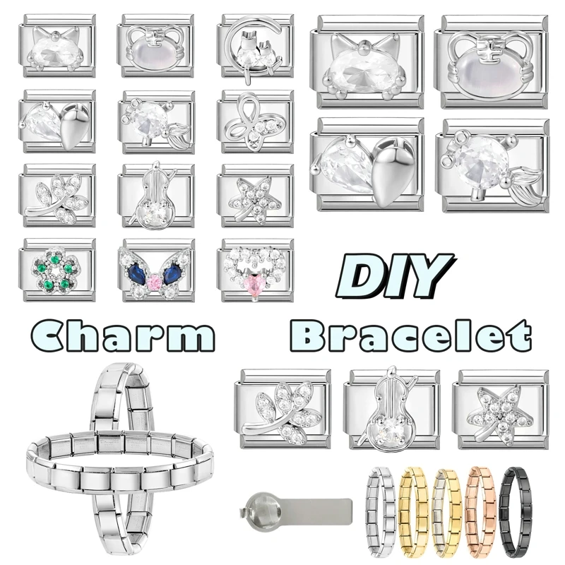 الزركون القلب القوس الكرز الصليب ستار القمر اللؤلؤ الصلب اللون الإيطالية سحر الروابط صالح 9 مللي متر الفولاذ المقاوم للصدأ سوار النساء DIY بها بنفسك صنع