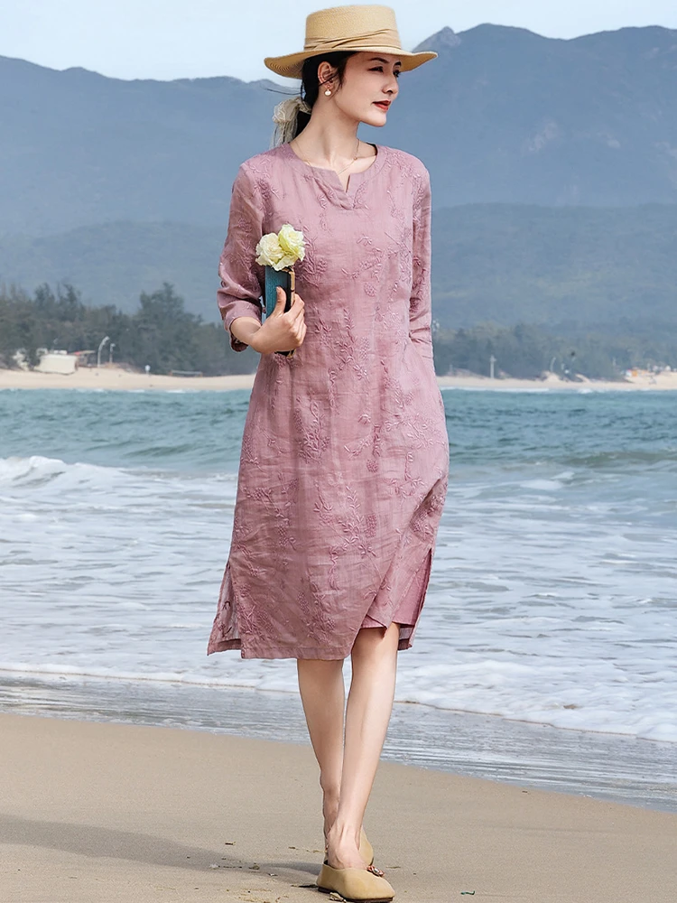 High Quality Ramie Embroidered Women Casual Dress New Arrival 2026 Summer Chinese Style Ladies Elegant A-line Dresses M2374